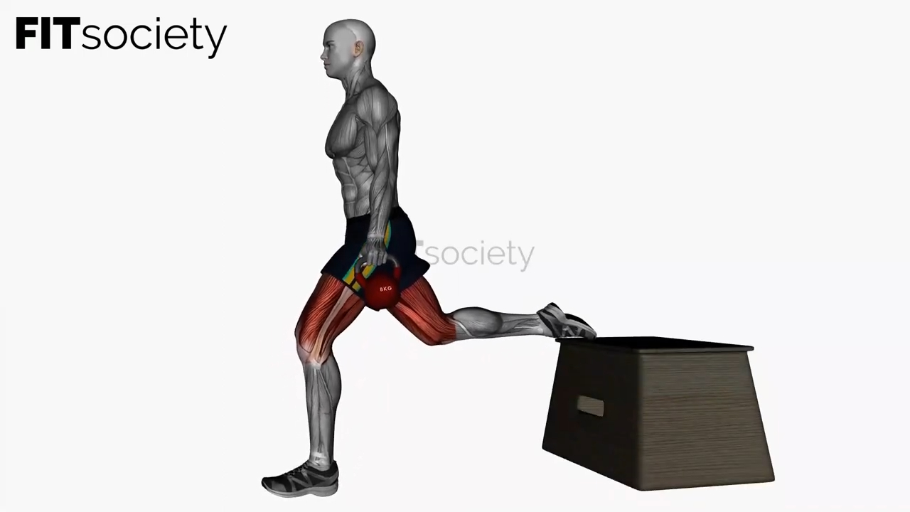Sentadilla búlgara con kettlebell, vista lateral derecha