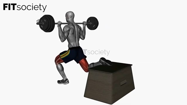 Squat bulgare avec barre, vue avant gauche et arrière