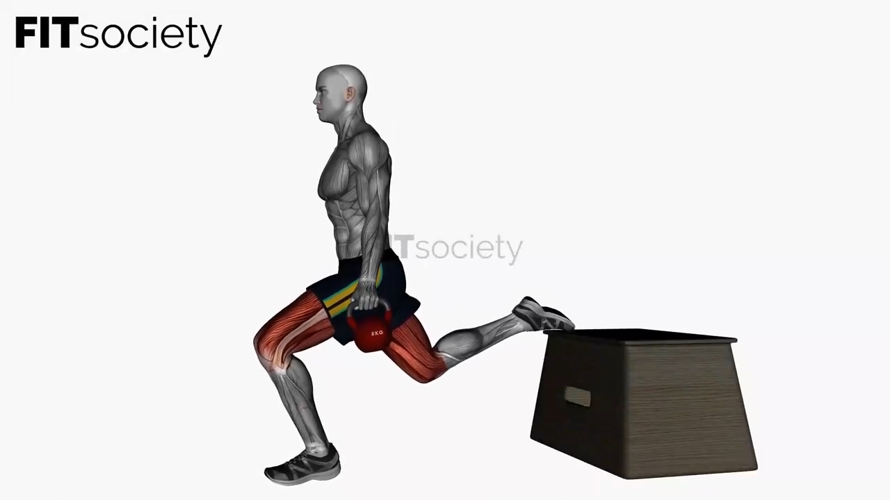 Sentadilla búlgara con kettlebell, vista lateral derecha