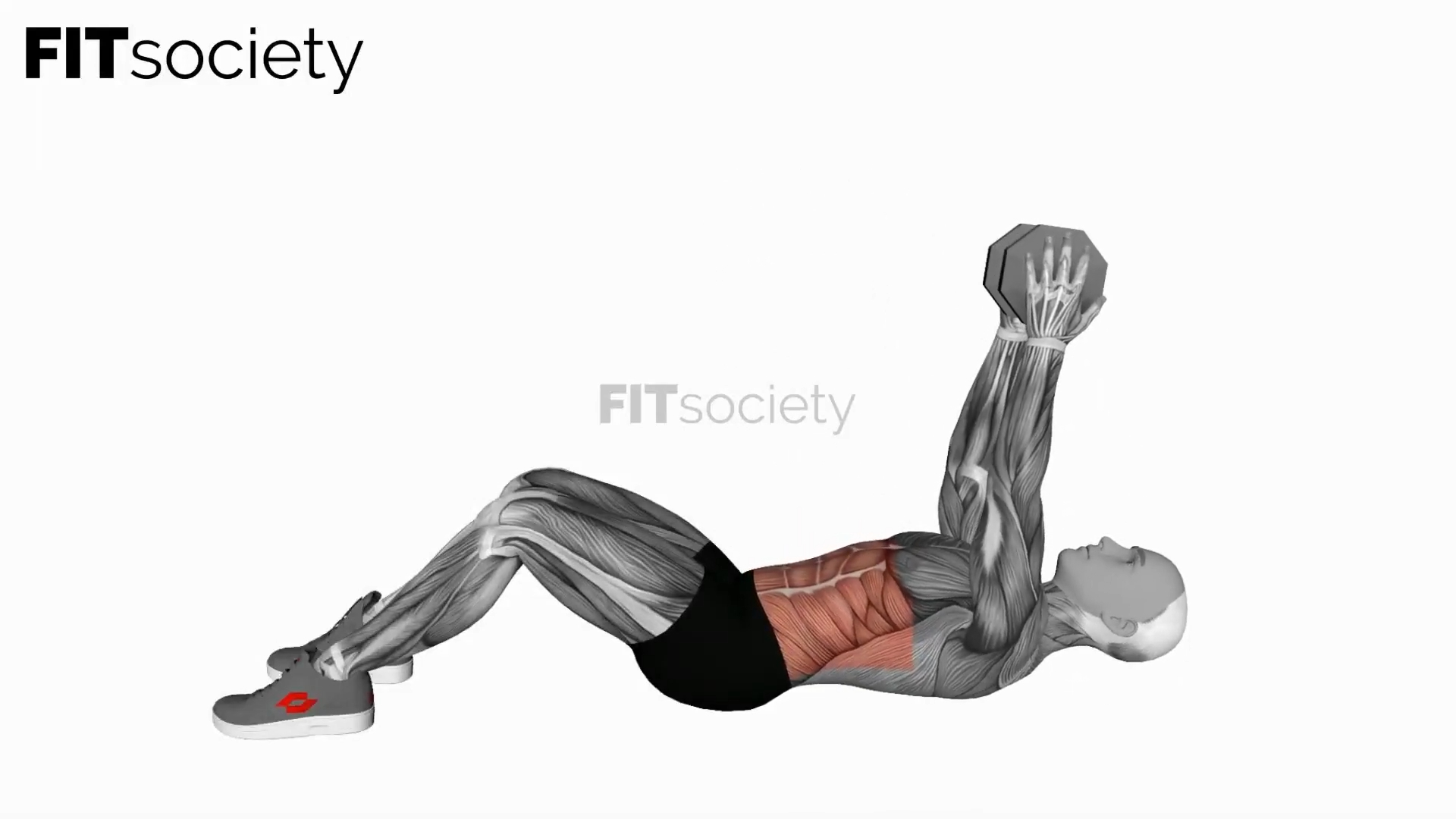 Abdominal con mancuerna, brazos extendidos y torsión